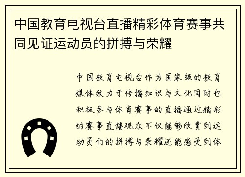 中国教育电视台直播精彩体育赛事共同见证运动员的拼搏与荣耀